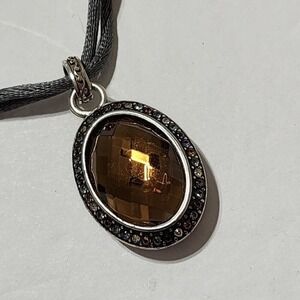 Brighton LUMINESCE Pave‎ Gray Silk Cord Oval Amber Crystal Pendant Necklace